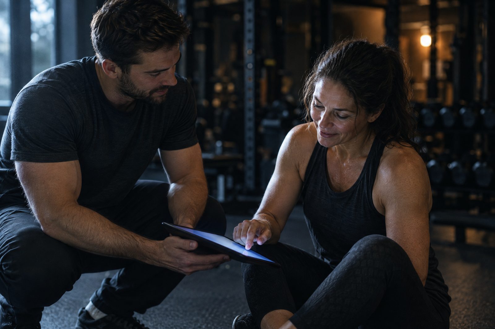 A client signing up on a tablet the coach is holding