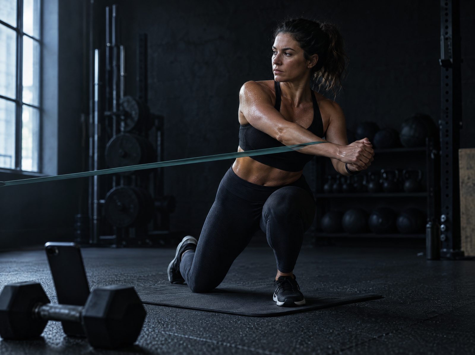A client following an exercise from a phone propped on the gym floor