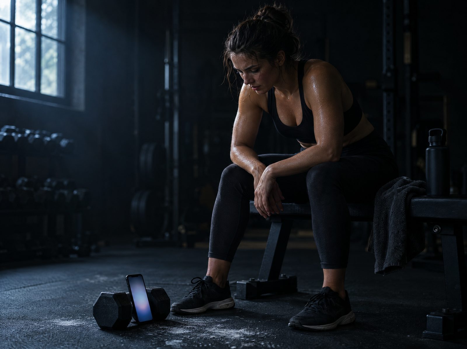 A client on a bench between sets, watching the next exercise on her phone