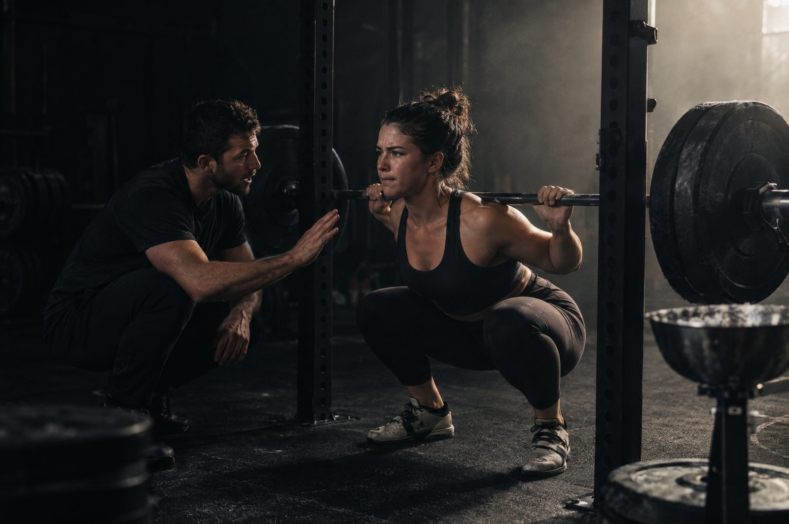 A coach cueing a client through a barbell squat