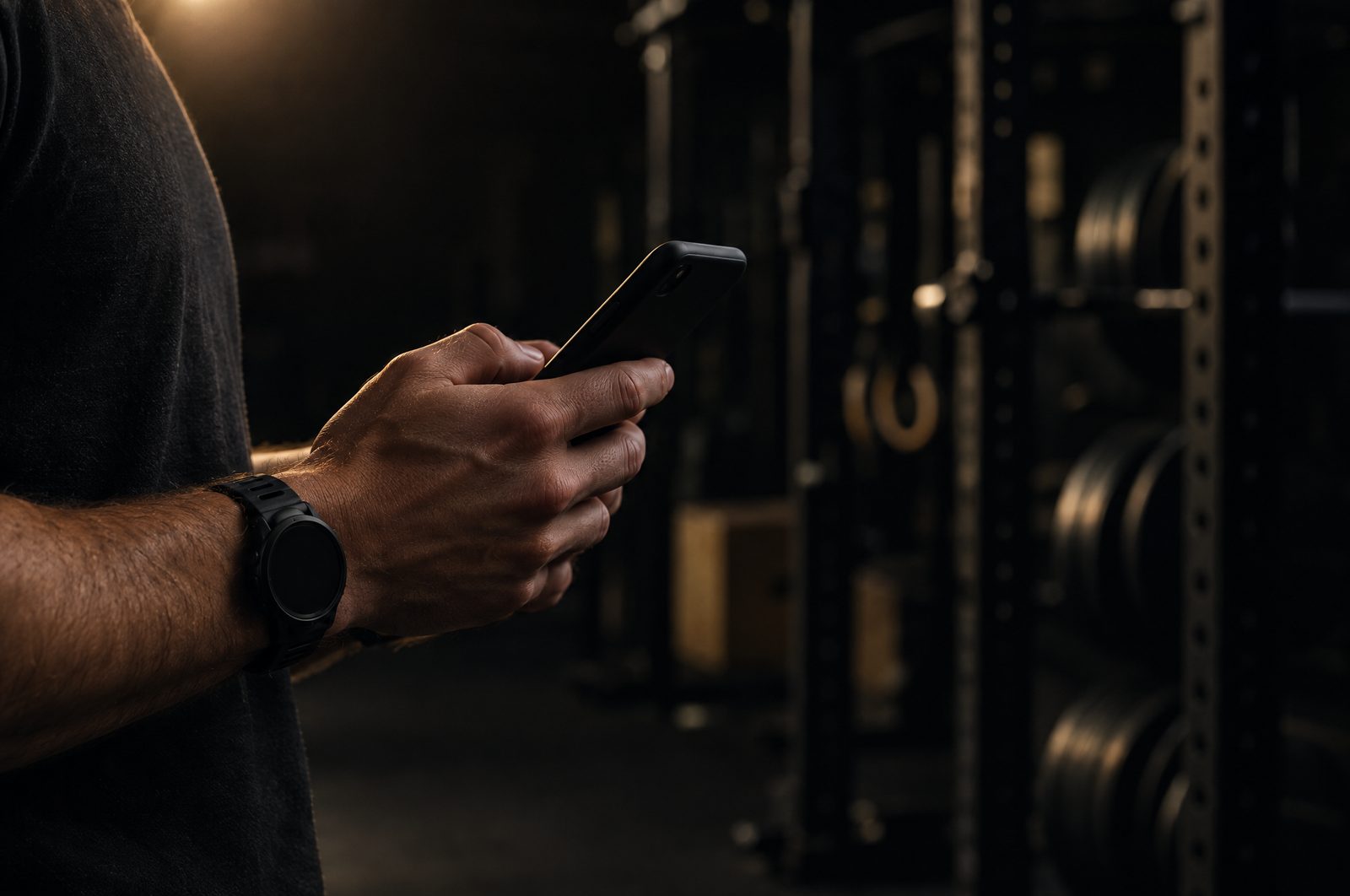 A coach checking his phone on the gym floor
